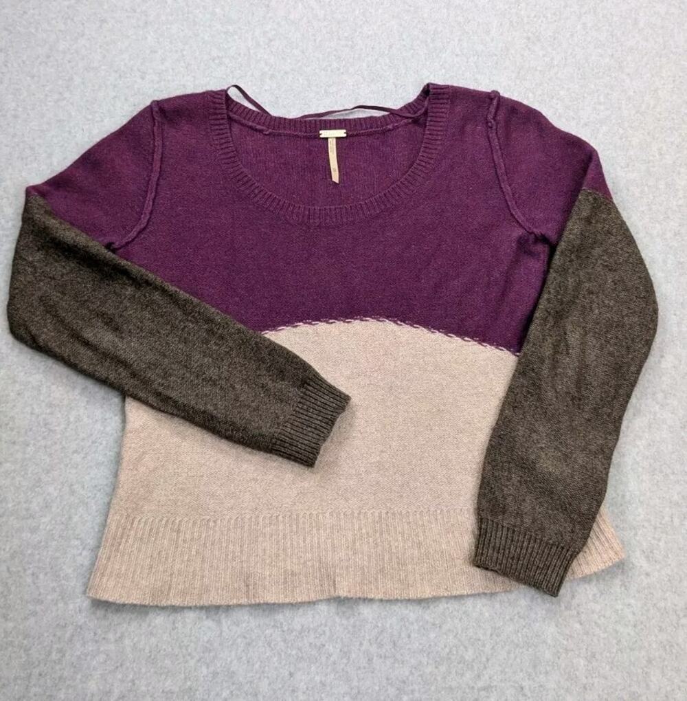 Free People Beach Womens Color Block Sweater Size XS Magenta Cream Brown Merino